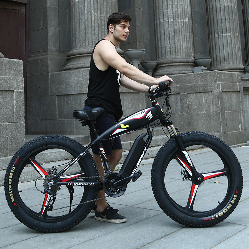 26 전기 스노우 산악 자전거 4.0 타이어 피트 스노우 타이어, 강력한 고속 모터 드라이브 오프로드 리튬 배터리 비치 ebike ATV